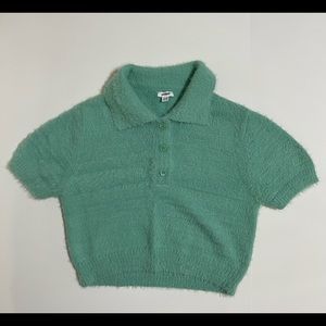 Collared, fuzzy, teal crop top